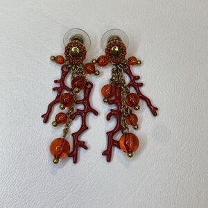 Joan Rivers Enamel Faux Coral Branch Beaded Dangle Post Earrings Red